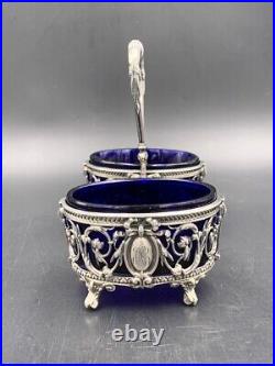 Double silver & glass salt cellar salt shaker late 19th century Double silver & glass salt cellar