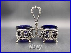 Double silver & glass salt cellar salt shaker late 19th century Double silver & glass salt cellar