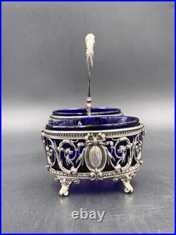 Double silver & glass salt cellar salt shaker late 19th century Double silver & glass salt cellar