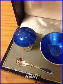 Ela Denmark Sterling Enamel Box Open Salt Pepper Shaker Set Blue Spoon Mashroom