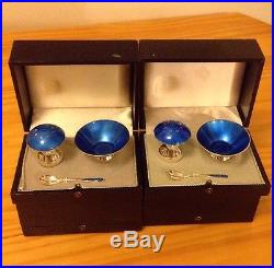 Ela Denmark Sterling Enamel Box Open Salt Pepper Shaker Set Blue Spoon Mashroom