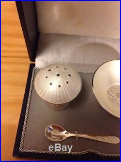 Ela Denmark Sterling Enamel Box Open Salt Pepper Spoon Shaker Set White Pearl