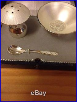 Ela Denmark Sterling Enamel Box Open Salt Pepper Spoon Shaker Set White Pearl