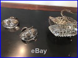 Early 20th Century Set Of Three Sterling Silver Crystal Swan Salts From Germany