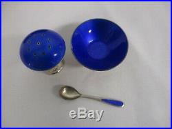 Ela Denmark Sterling Silver Cobalt Blue Enamel Mushroom Open Salt Pepper & Spoon