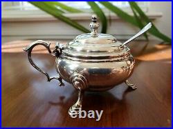 English 1926 Sterling Silver Footed Salt Cellar Bowl with Lid Cobalt Liner Spoon
