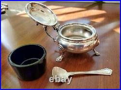 English 1926 Sterling Silver Footed Salt Cellar Bowl with Lid Cobalt Liner Spoon
