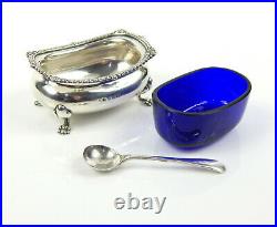 English Solid Silver Salt Dish Cruet Cellar Pot w Spoon & Bristol Blue Glass