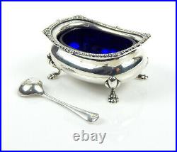 English Solid Silver Salt Dish Cruet Cellar Pot w Spoon & Bristol Blue Glass