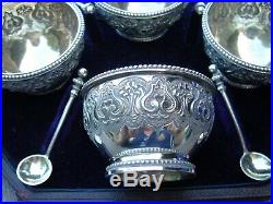 English Sterling Silver Boxed Set 4 Salt Cellars withspoons James B, Hennell 1877
