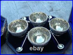 English Sterling Silver Boxed Set 4 Salt Cellars withspoons James B. Hennell 1877