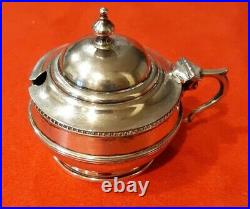 English Sterling Silver Salt Cellar With Blue Cobalt Glass Insert & Hinged Cover