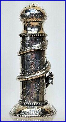 FINE! C. 1890 Chinese Export Solid Silver Salt Shaker 3-D Coiled Dragon 1.8 ozt