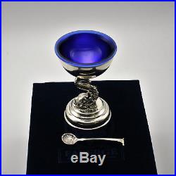 Faberge Salt Cellar Sterling Silver Dolphin Cobalt Blue Bowl with Spoon & Gift Box