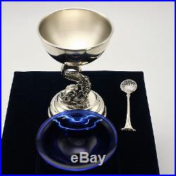 Faberge Salt Cellar Sterling Silver Dolphin Cobalt Blue Bowl with Spoon & Gift Box