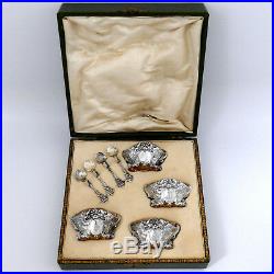 Fabulous French Sterling Silver 18k Gold 4 Salt Cellars, Spoons, Original Box