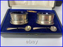 Fabulous Set Of 2 Antique Silver Salt Cellars Complete With Blue Liners & Spoons