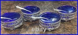Fabulous Set Of 4 Antique Silver Salt Cellars Complete With Blue Liners & Spoons