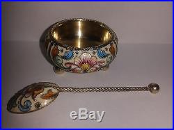 Feodor Ruckert Russian shaded cloisonne enamel salt cellar spoon 84 silver gold