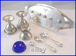 Figural English Egg Cruet Set 2 Cups Sterling Salt Cellar Cobalt Liner 2 Spoons