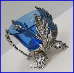 Fine Italian 925 Sterling Silver & Blue Crystal Leaf Single Salt Holder & Spoon