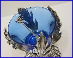 Fine Italian 925 Sterling Silver & Blue Crystal Leaf Single Salt Holder & Spoon