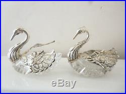 Fine Pair Large German Cut Crystal And Sterling Silver Swan Master Salt Dishes