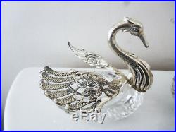 Fine Pair Large German Cut Crystal And Sterling Silver Swan Master Salt Dishes