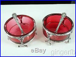 Fine Pair Of Victorian Sterling Silver & Cranberry Glass Master Salt Cellars