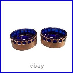 Fine Pair Sterling Silver Open Salt Cellars with Cobalt Glass Liners