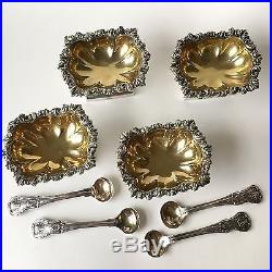 Four Antique Neapolitan Italian Silver Footed Master Salts & Spoons (1824-1832)