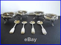 Four English Victorian Sterling Master Salt Cellars and Spoons