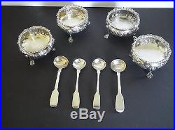 Four English Victorian Sterling Master Salt Cellars and Spoons
