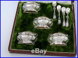 French Sterling Silver 18K Gold Set 4 Salt Cellars Spoons Box Lily of the Valley
