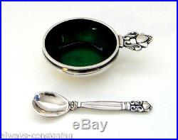 GEORG JENSEN ACORN STERLING ENAMELED SALT CELLAR & MATCHING SPOONJOHAN ROHDE