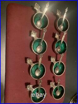 GEORG JENSEN STERLING Green ENAmel SALT CELLARs + SPOONs Set Of 8. Acanthus