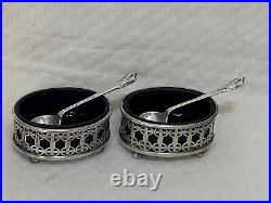 GORGEOUS MAPPIN & WEBB STERLING SILVER SALT and PEPER CELLARS with BLUE GLASS