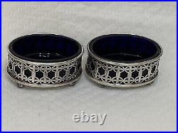 GORGEOUS MAPPIN & WEBB STERLING SILVER SALT and PEPER CELLARS with BLUE GLASS