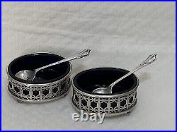 GORGEOUS MAPPIN & WEBB STERLING SILVER SALT and PEPER CELLARS with BLUE GLASS