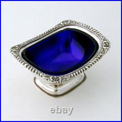 Gadroon Shell Large Open Salt Dish Sterling Silver Cobalt Glass Liner