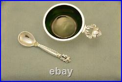 Georg Jensen Acorn Sterling Salt Cellar & Spoon Green Interior Post 1945 No Mono