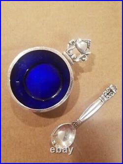 Georg Jensen Acorn Sterling Salt Cellar & Spoon withCobalt Blue Enamel Interior