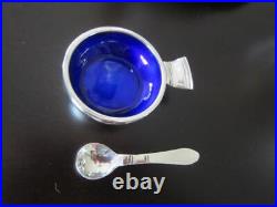 Georg Jensen Continental #4 Salt Cellar Blue Enamel +Salt Spoon Sterling Denmark
