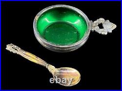 Georg Jensen Denmark Acorn Sterling Silver Green Enamel Salt Cellar with Spoon