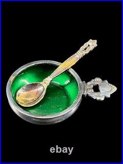 Georg Jensen Denmark Acorn Sterling Silver Green Enamel Salt Cellar with Spoon