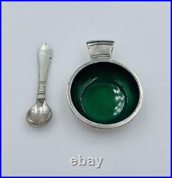 Georg Jensen Denmark Sterling Silver Green Enamel Continental Salt Cellar Spoon