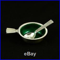 Georg Jensen Silver Salt Cellar with green Enamel and Spoon #9 Bernadotte