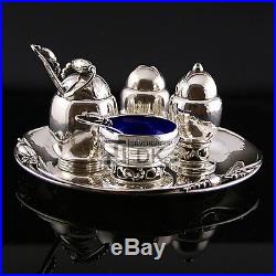 Georg Jensen Silver Salt & Pepper and Mustard Set with Tray Magnolia 2A and 2B