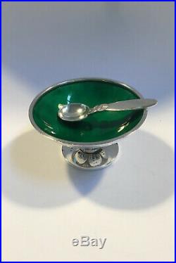 Georg Jensen Sterling Silver Cactus Salt Cellar(Green enamel) No 629 A and Spoon
