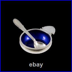 Georg Jensen. Sterling Silver Salt Cellar #102 and Spoon 103 Beaded / Kugle